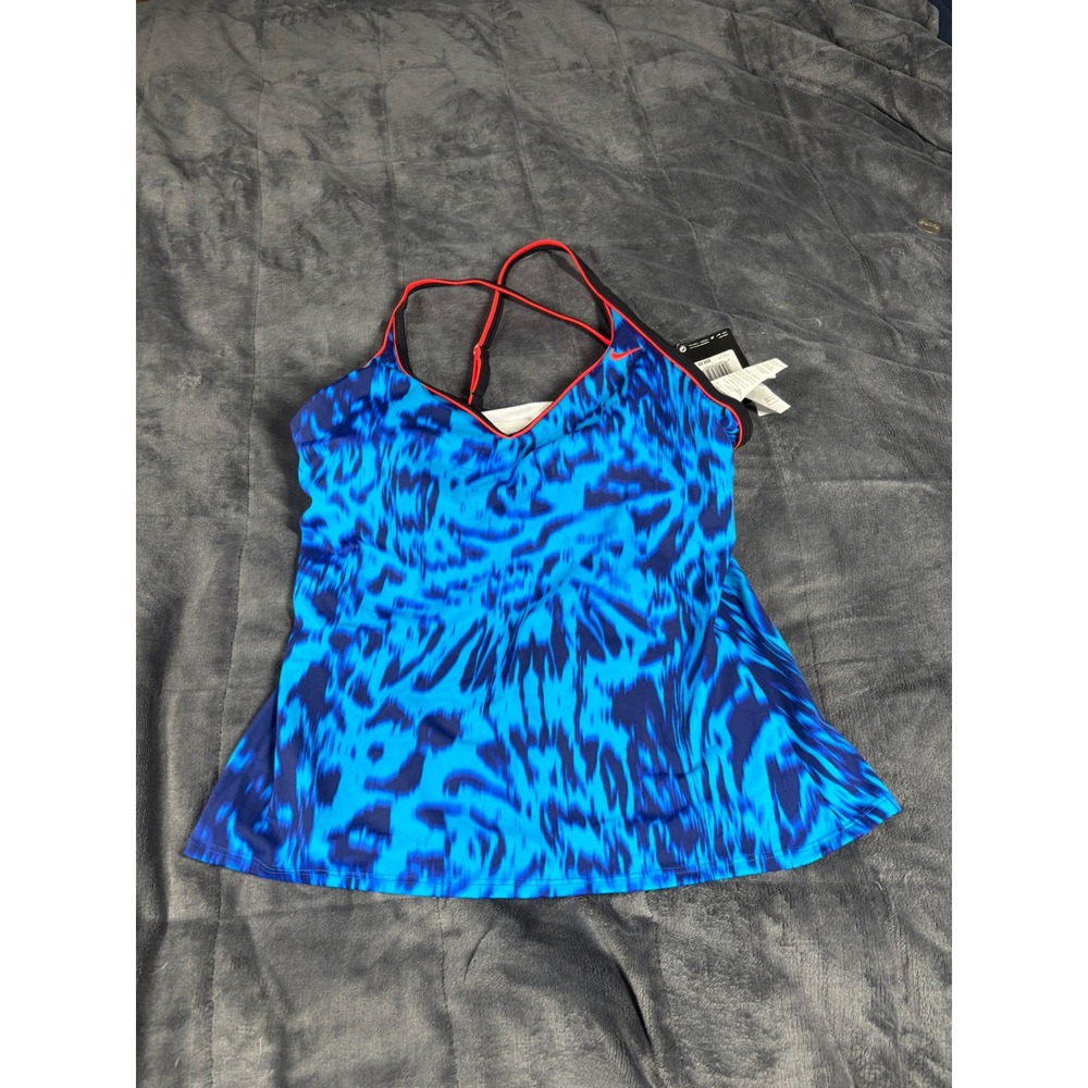 Nike Women Blue Abstract Print Tankini Swim Top V-Neck Crisscross Straps Size 14